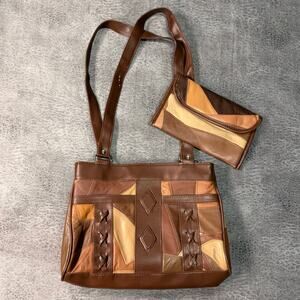 Brown Patchwork Panel Shoulder Bag and Wallet